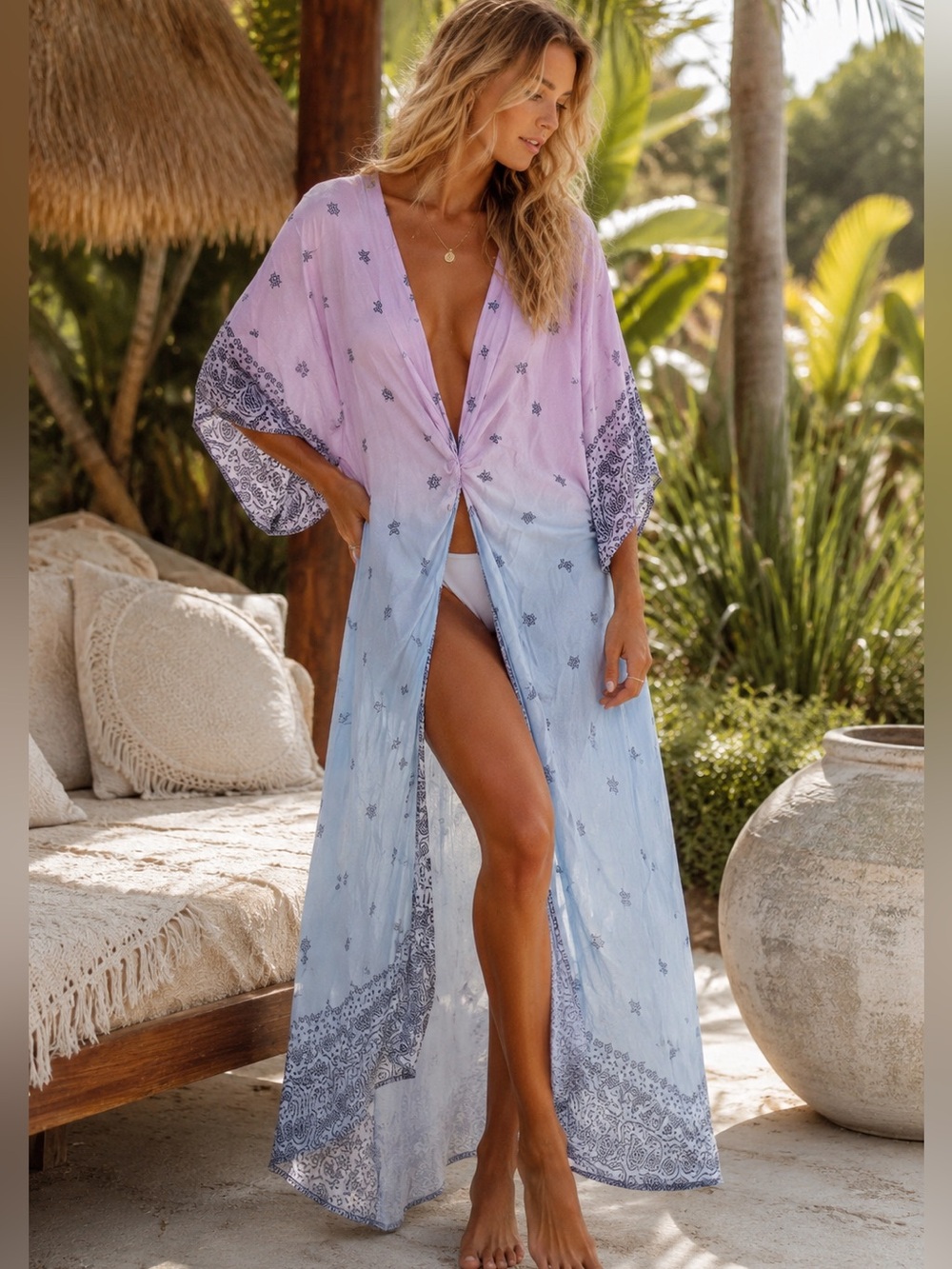 Surf Gypsy Short Sleeve Kimono Twist Front Kaftan Maxi Cover Up Dress Pink/Blue